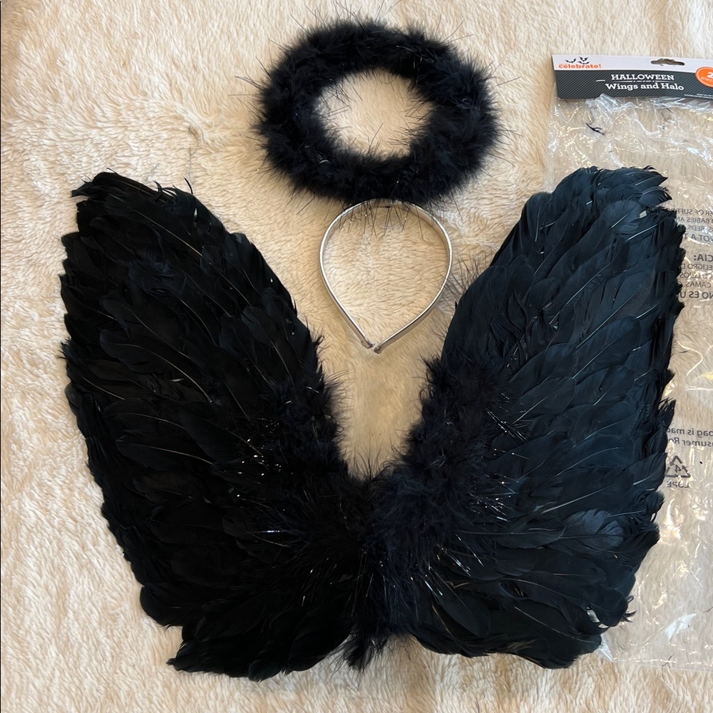 2 Halloween Feathered Wings & Halo Black Dark Angel One Size New
